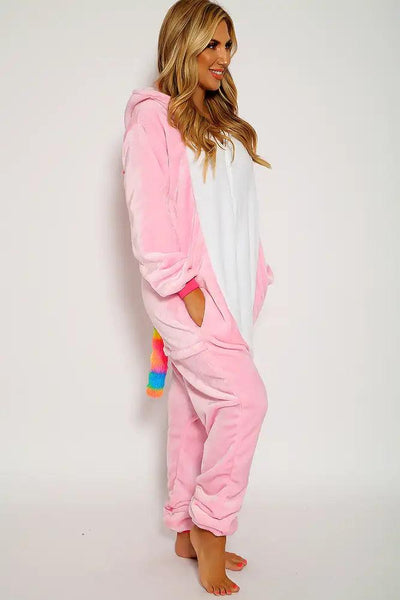 Sexy White Pink Faux Fur Unicorn Pajama Onesie Sleepwear - AMIClubwear