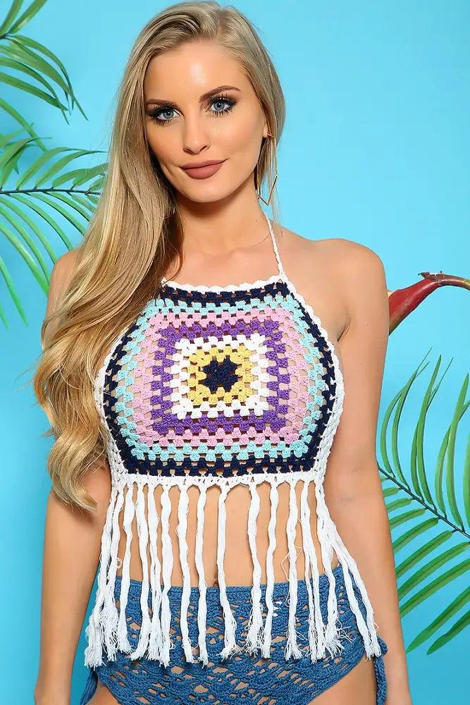 Sexy White Pink Pattern Halter Fringe One Piece Swimsuit Top - AMIClubwear