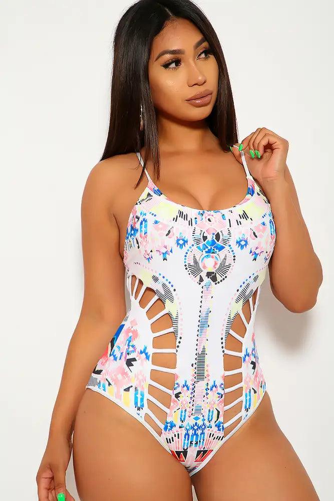 Sexy White Pink Tribal Caged Detailing One Piece Swimsuit - AMIClubwear