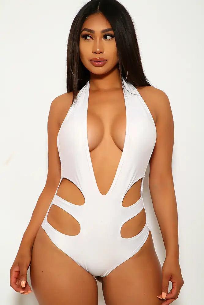 Sexy White Plunging Detailed Cutouts  One Piece Swimsuit - AMIClubwear