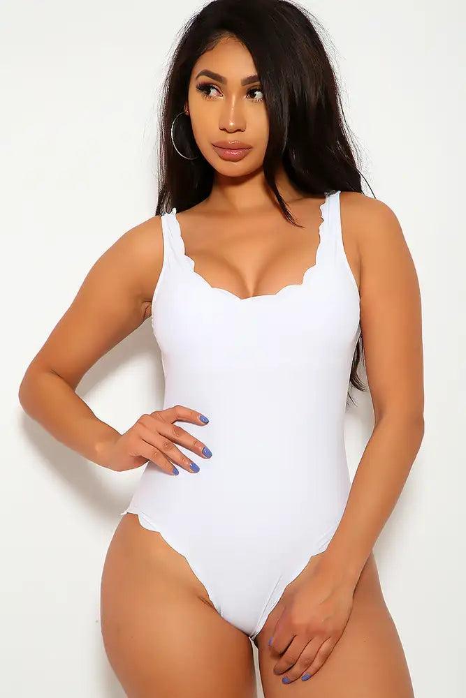 Sexy White Plunging Neckline Scalloped Trim One Piece Swimsuit - AMIClubwear
