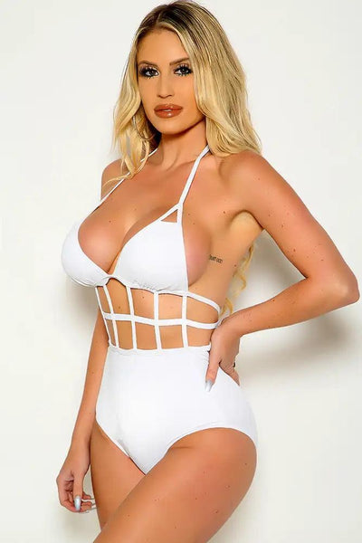 Sexy White Plunging Strappy Cut Out Monokini - AMIClubwear