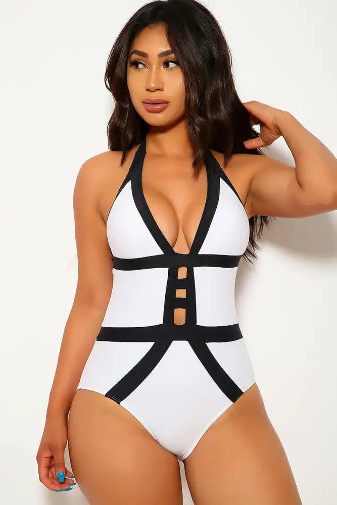 Sexy White Plunging V Neck Line One Piece Swimsuit - AMIClubwear