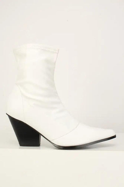 Sexy White Pointy Toe Chunky High Heels Booties Faux Leather - AMIClubwear