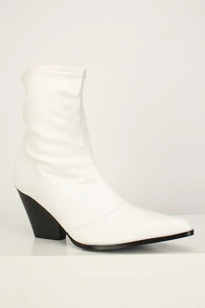 Sexy White Pointy Toe Chunky High Heels Booties Faux Leather - AMIClubwear