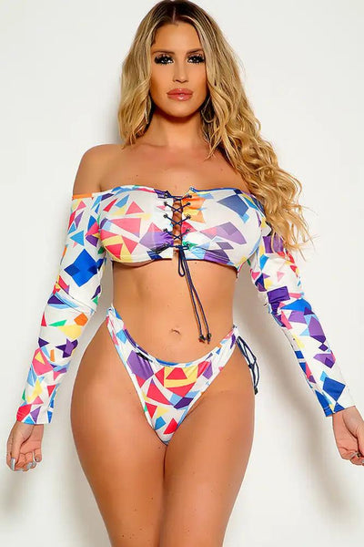 Sexy White Purple Printed Off The Shoulder Two Piece Swimsuit - AMIClubwear