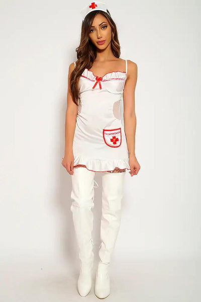 Sexy White Red 3Pc  Cutout Garters Dress Nurse Uniform Costume - AMIClubwear