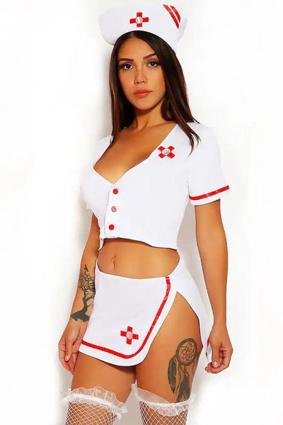 Sexy White Red 4Pc. Piece Nurse Costume - AMIClubwear