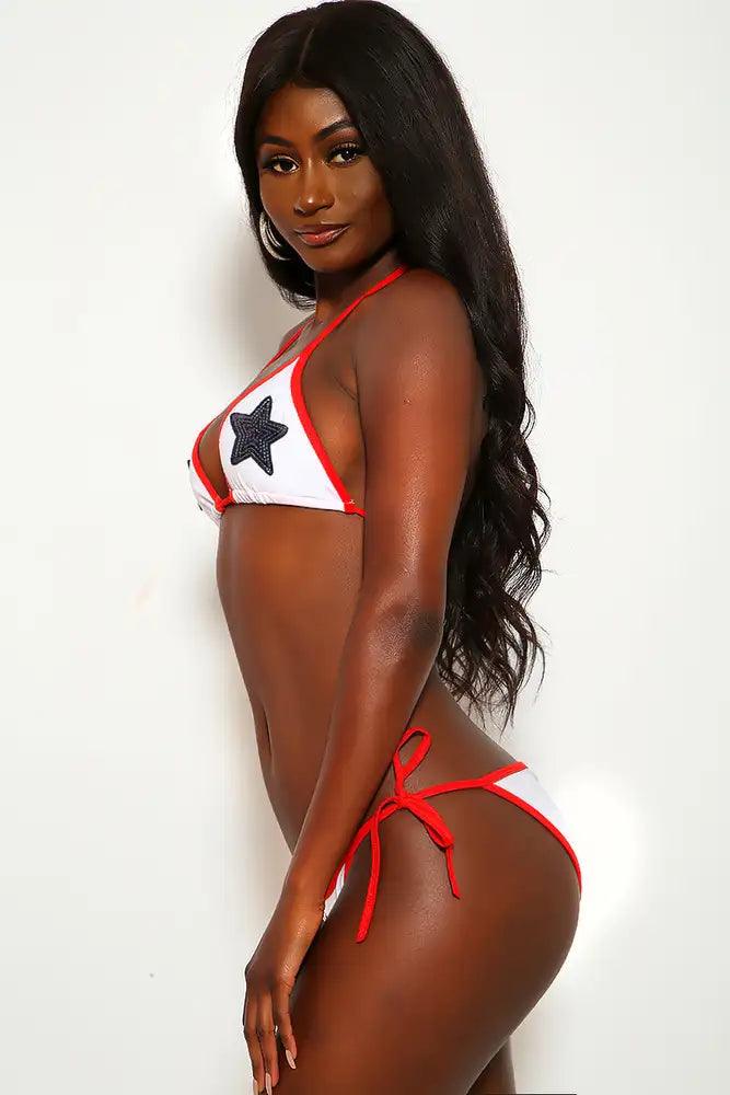 Sexy White Red Blue Sequin Star Patch Pucker Back Two Piece Bikini - AMIClubwear