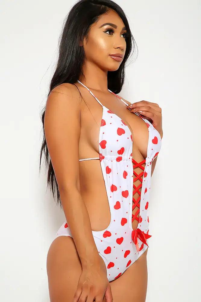 Sexy White Red Hearts Caged Bow One Piece Monokini Swimsuit - AMIClubwear