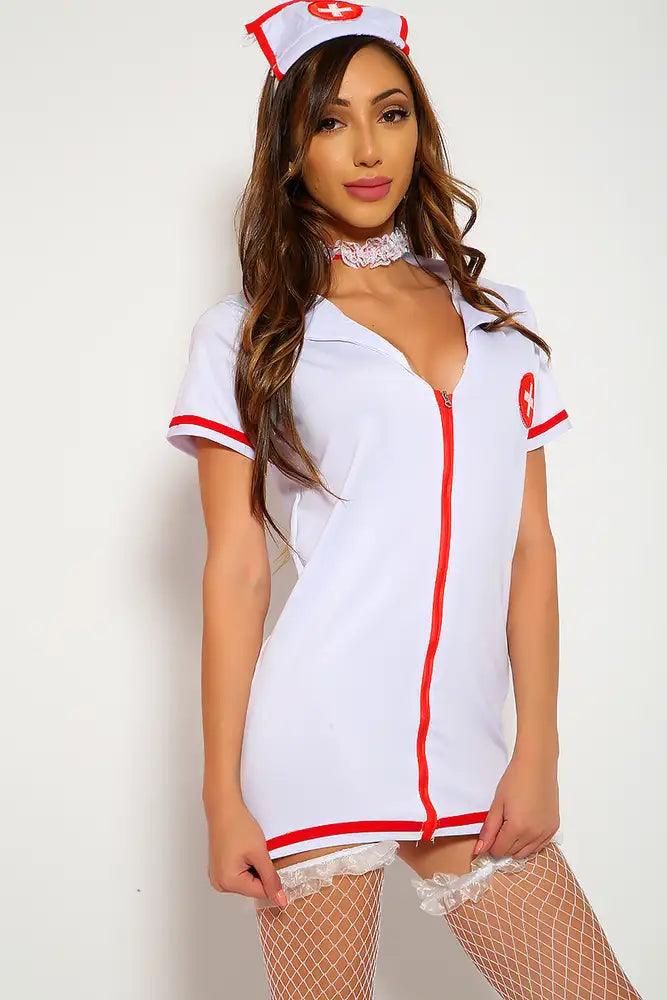 Sexy White Red Lace Zipper Dress Uniform Nurse Halloween Costume - AMIClubwear