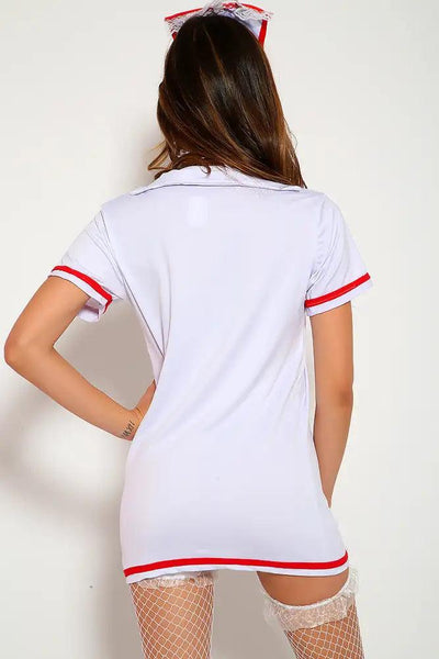 Sexy White Red Lace Zipper Dress Uniform Nurse Halloween Costume - AMIClubwear