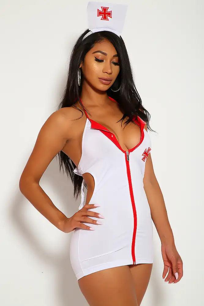 Sexy White Red Nurse Costume Three Piece Halter Tie Dress Headband Thong Fitted - AMIClubwear