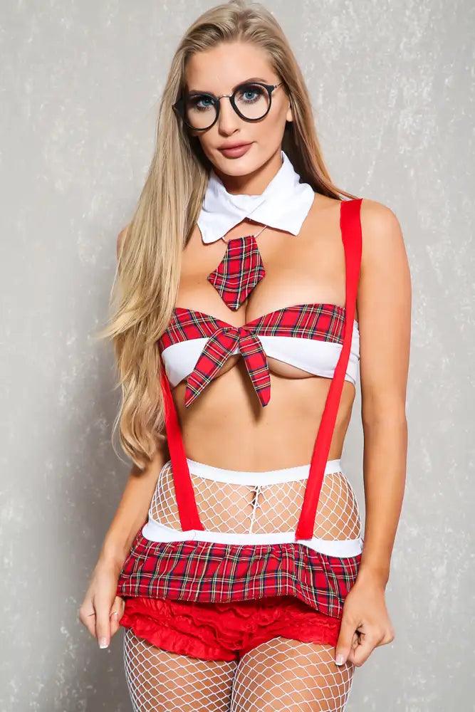 Sexy White Red Plaid Print 4Pc. Nurse Costume - AMIClubwear