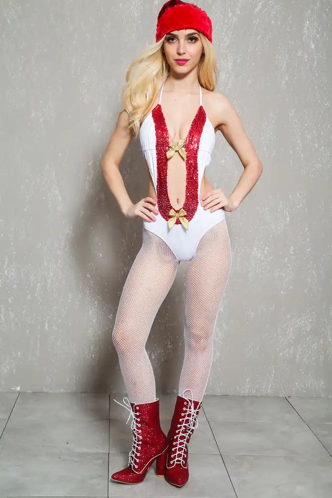 Sexy White Red Sequins Bow Accent One Piece Holiday Costume - AMIClubwear