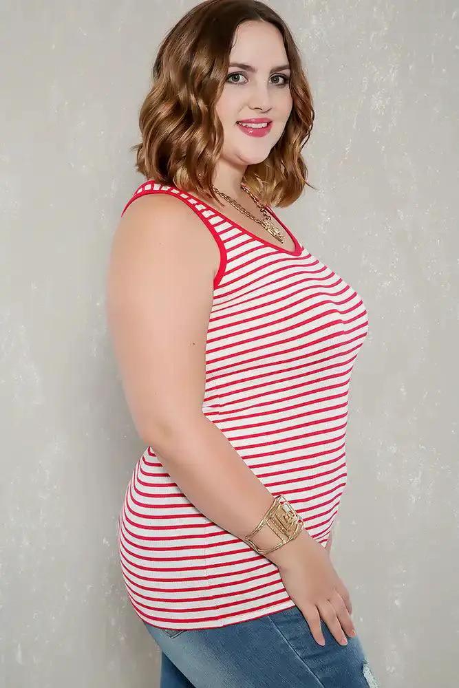 Sexy White Red Striped Ribbed Sleeveless Casual Plus Size Top