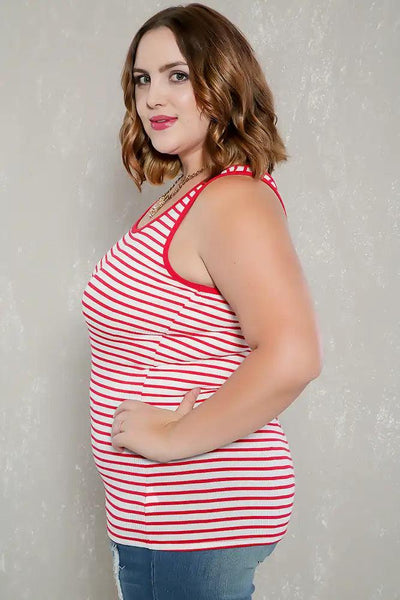 Sexy White Red Striped Ribbed Sleeveless Casual Plus Size Top - AMIClubwear