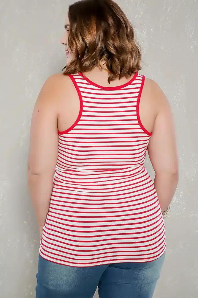 Sexy White Red Striped Ribbed Sleeveless Casual Plus Size Top