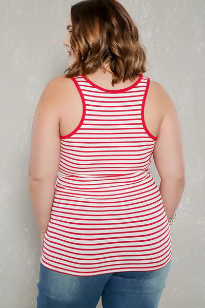 Sexy White Red Striped Ribbed Sleeveless Casual Plus Size Top - AMIClubwear