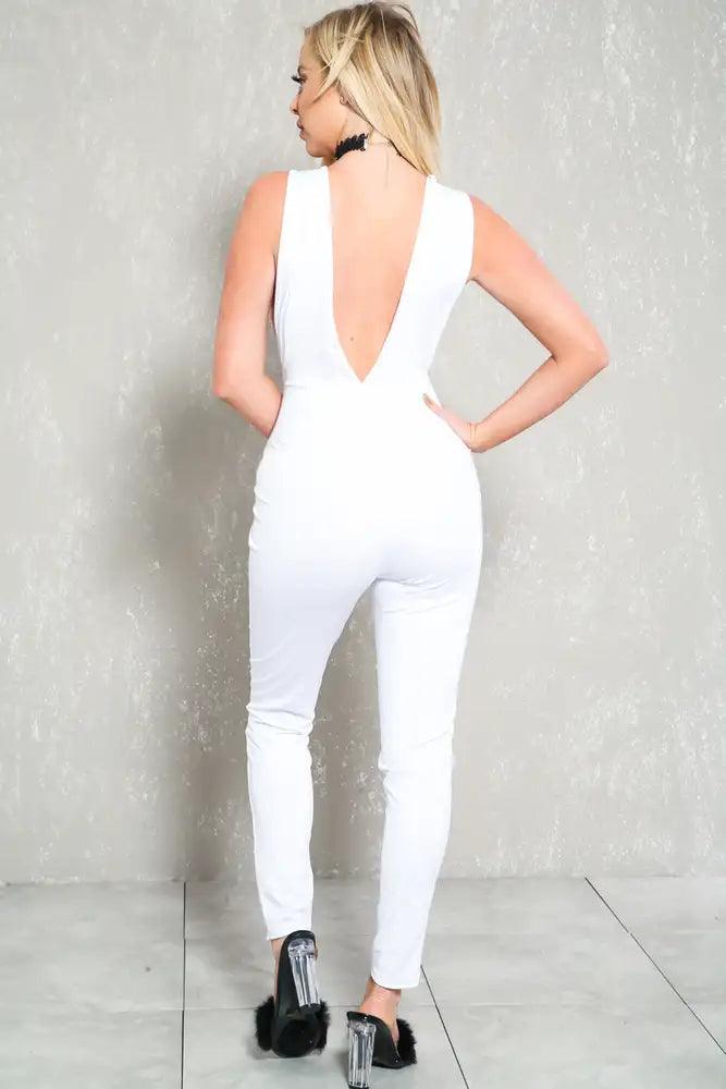 Sexy White Rhinestone Sleeveless Jumpsuit - AMIClubwear