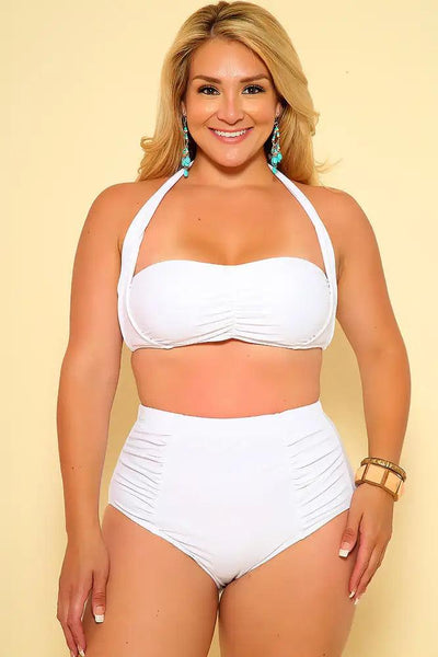 Sexy White Ruched Accent Padded Two Piece Plus Size Bikini - AMIClubwear