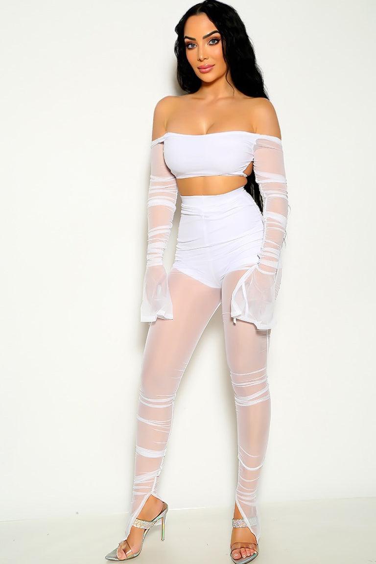 Sexy White Ruched Sheer Mesh Crop Top & Pants 2 Pc Set - AMIClubwear