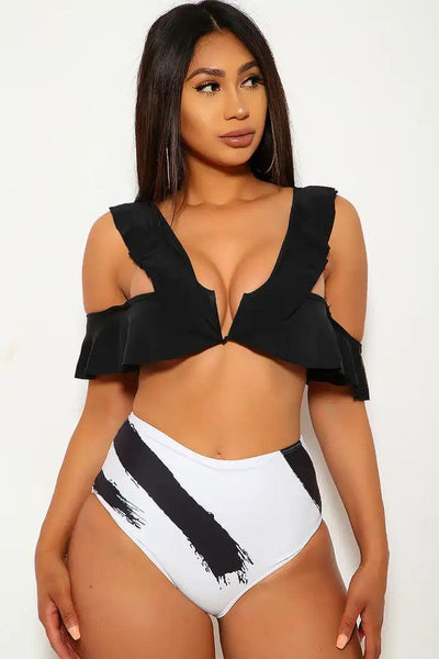 Sexy White Ruffled V-Cut High Waist Two Piece Swimsuit - AMIClubwear