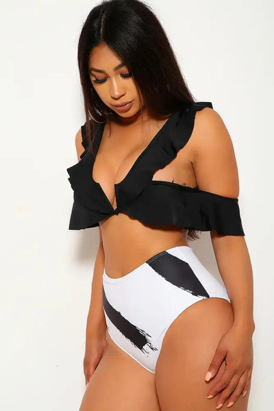 Sexy White Ruffled V-Cut High Waist Two Piece Swimsuit - AMIClubwear