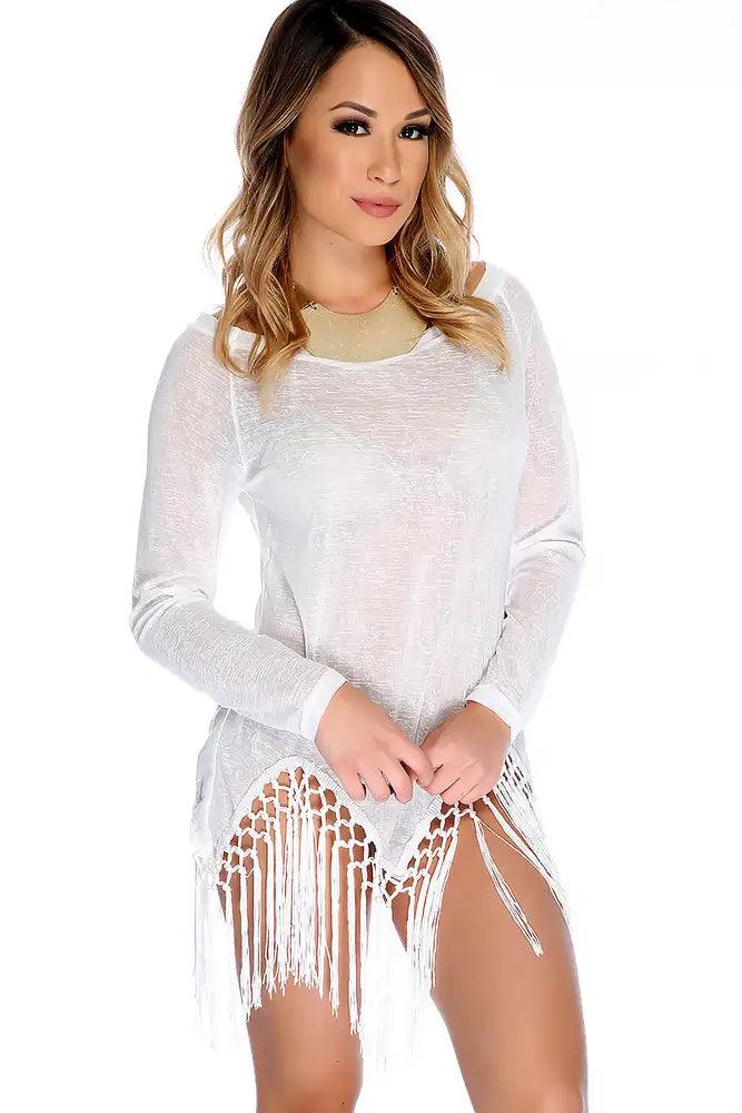 Sexy White Semi Sheer Long Sleeve Uneven Hem Fringe Detailing Swimsuit Cover Up - AMIClubwear