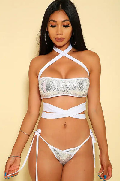 Sexy White Sequin Versatile Wear Cheeky Two Piece Swimsuit - AMIClubwear