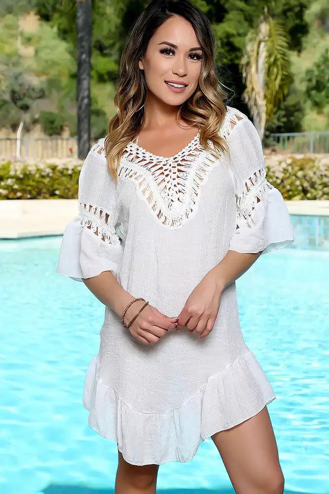 Sexy  White Sheer Crochet Mid Sleeve Low Cut Back Tassel Swimsuit Cover Up - AMIClubwear