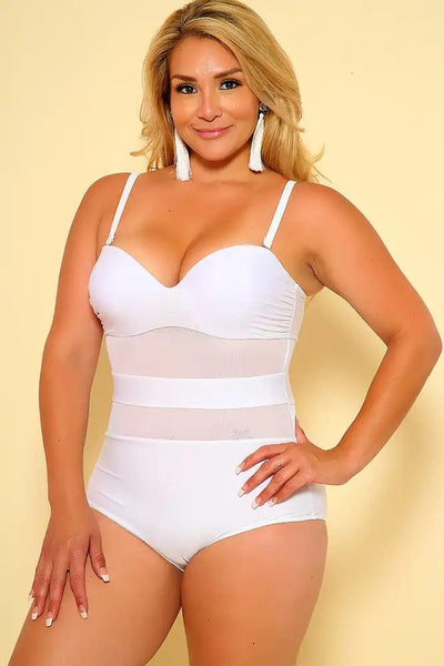 Sexy White Sheer Paneled One Piece Plus Size Swimsuit - AMIClubwear