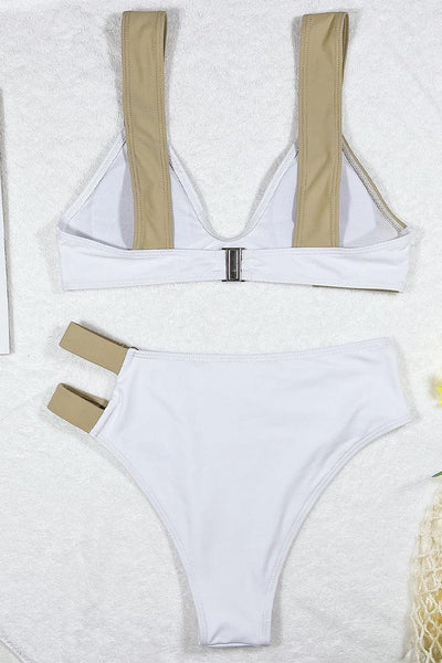 Sexy White Silver Clip Strappy V-Neck 2 Pc Swimsuit - AMIClubwear