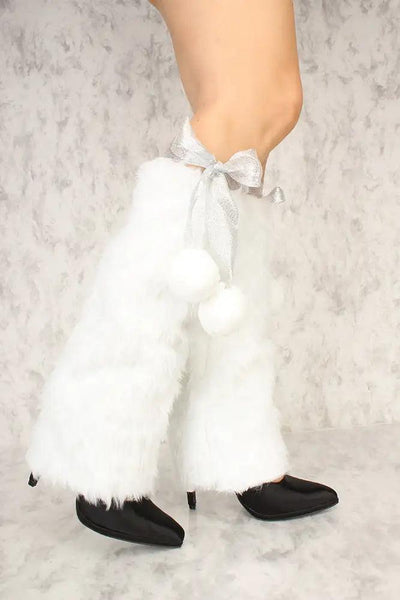 Sexy White Silver Faux Fur Knee High Leg Warmers Costume Accessory - AMIClubwear