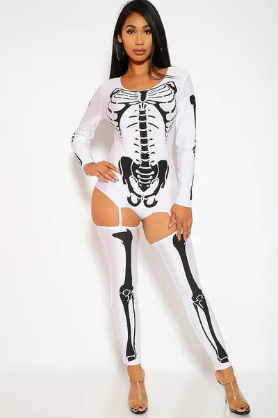 Sexy White Skeleton Long Sleeves Bodysuit Costume - AMIClubwear