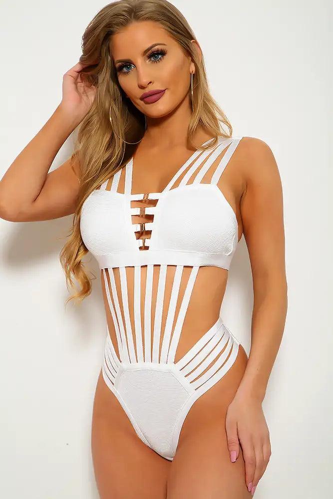 Sexy White Sleeveless Strappy Bandage One Piece Swimsuit - AMIClubwear