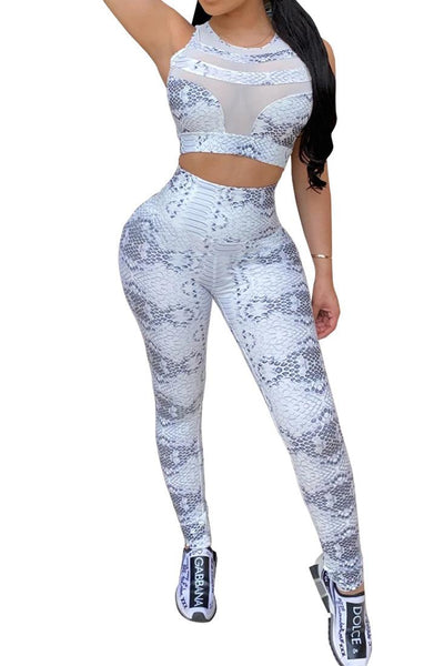 Sexy White Snake Print 2pc Outfit Mesh Crop Top And Pants - AMIClubwear