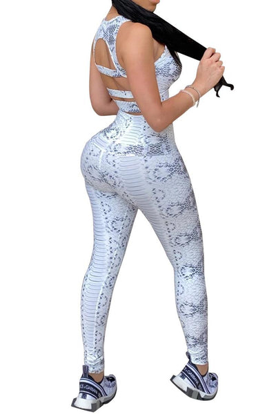 Sexy White Snake Print 2pc Outfit Mesh Crop Top And Pants - AMIClubwear