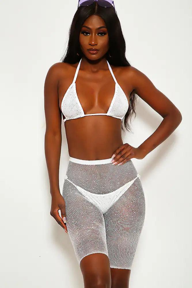 Sexy White Sparkle Rhinestone Two Piece Swimsuit - AMIClubwear