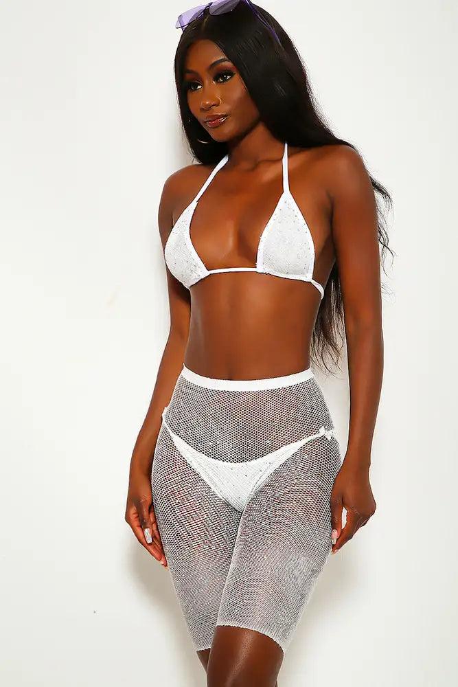 Sexy White Sparkle Rhinestone Two Piece Swimsuit - AMIClubwear