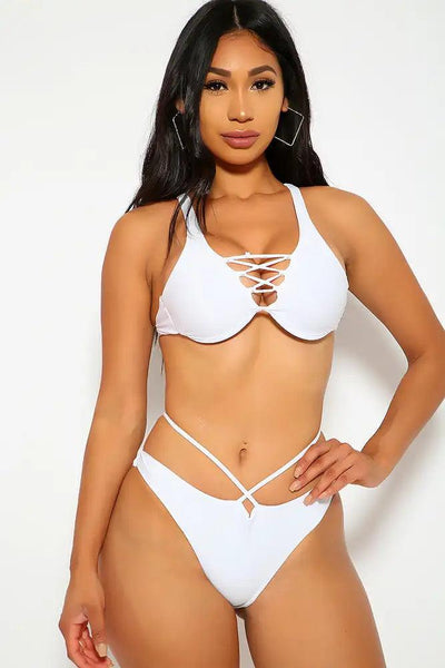 Sexy White Strappy Caged Cheeky Two Piece Swimsuit - AMIClubwear