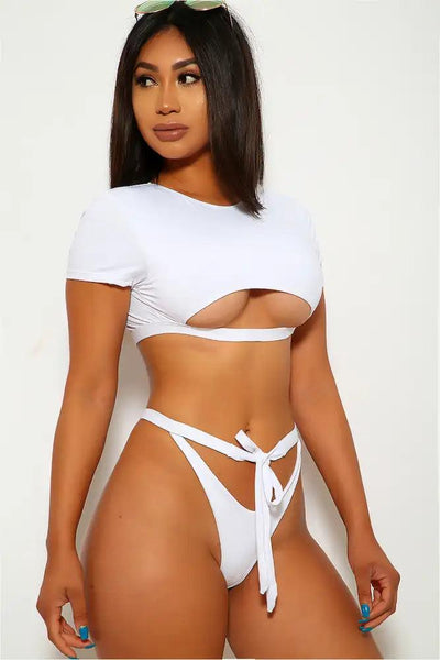 Sexy White Strappy Short Sleeves Crop Top Two Piece Swimsuit - AMIClubwear