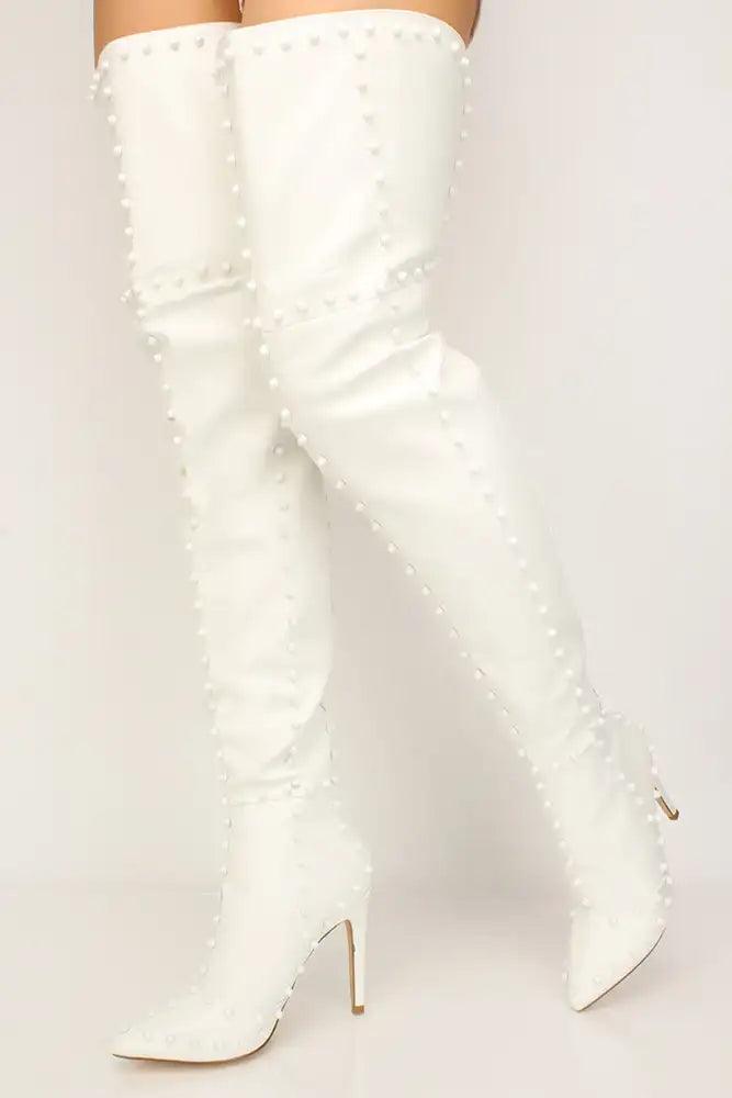 Sexy White Studded Flared Pointy Toe Thigh High Heel Boots - AMIClubwear