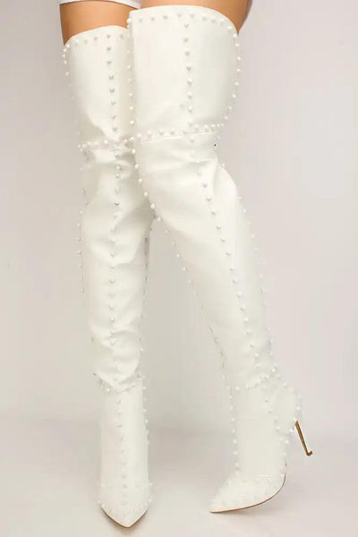 Sexy White Studded Flared Pointy Toe Thigh High Heel Boots - AMIClubwear