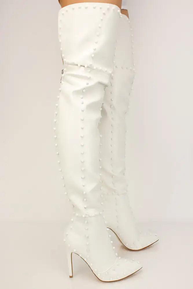 Sexy White Studded Flared Pointy Toe Thigh High Heel Boots - AMIClubwear