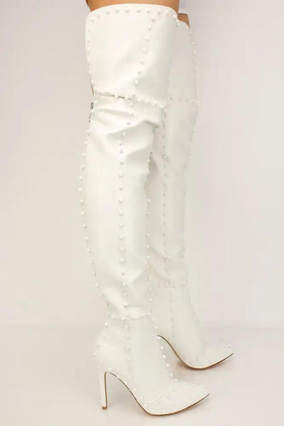 Sexy White Studded Flared Pointy Toe Thigh High Heel Boots - AMIClubwear