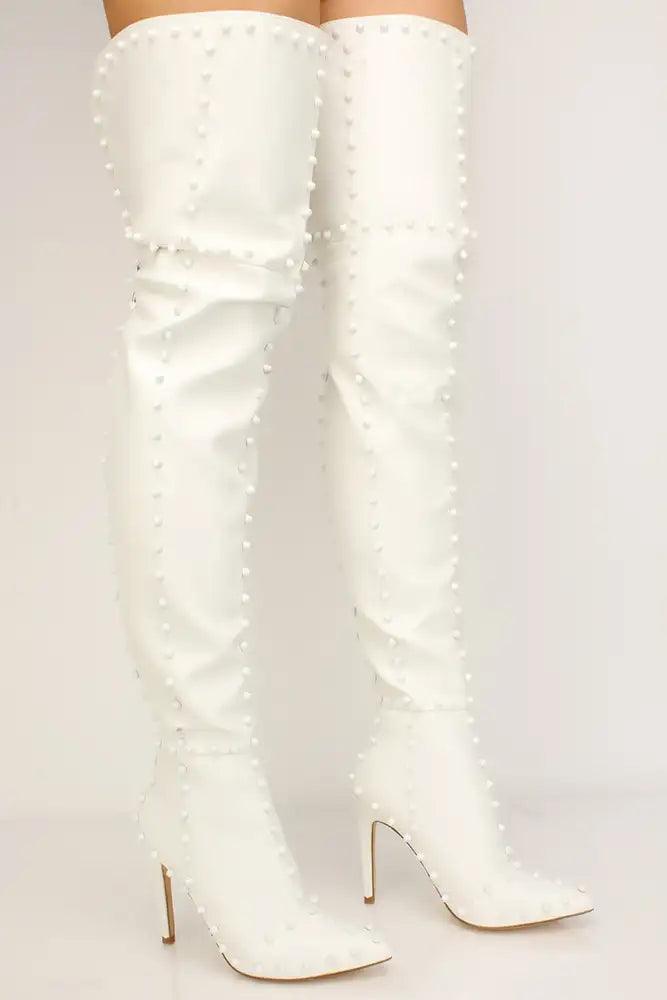 Sexy White Studded Flared Pointy Toe Thigh High Heel Boots - AMIClubwear