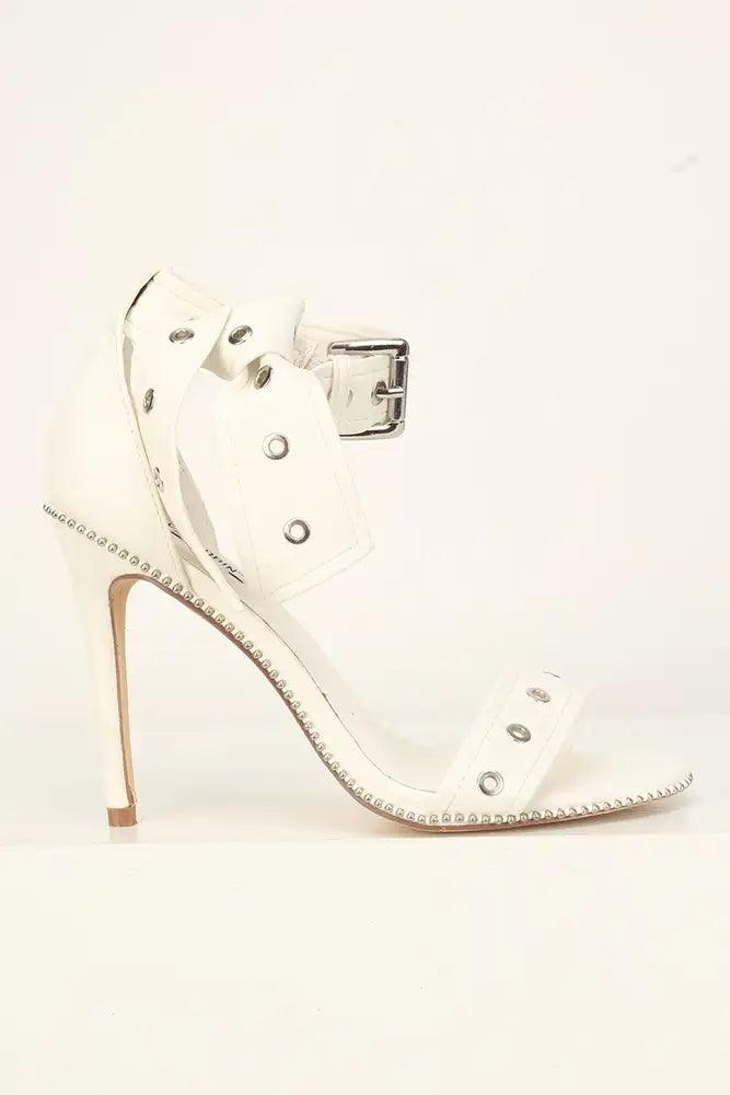 Sexy White Studded Open Toe Single Sole High Heels Faux Leather - AMIClubwear