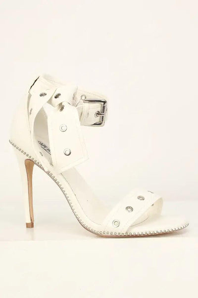 Sexy White Studded Open Toe Single Sole High Heels Faux Leather - AMIClubwear