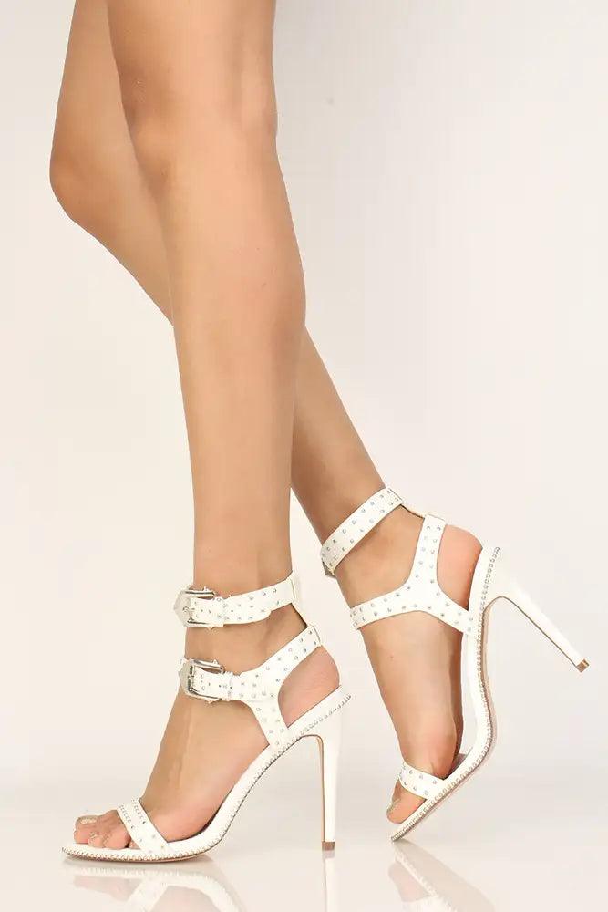 Sexy White Studded Single Sole High Heels Faux Leather - AMIClubwear